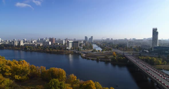 The Residential Area Rusanovka in Kyiv in Sunny Autumn Day Aerial Panoramic View