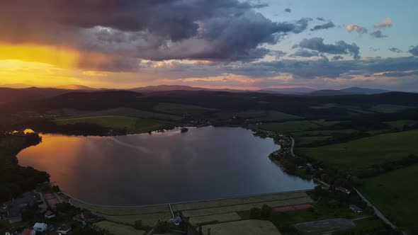 Aerial view of Teply vrch reservoir in Slovakia - Sunset