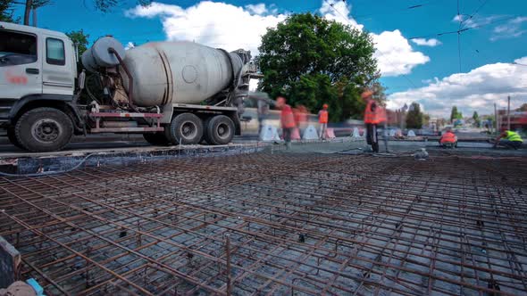 Road Construction Site with Tram Tracks Repair and Maintenance Timelapse Hyperlapse