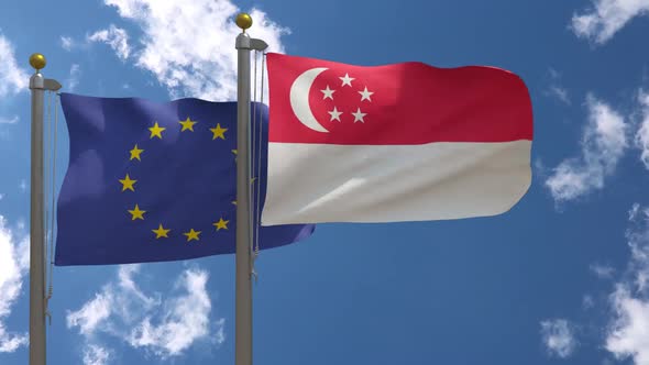 European Union Flag Vs Singapore Flag On Flagpole