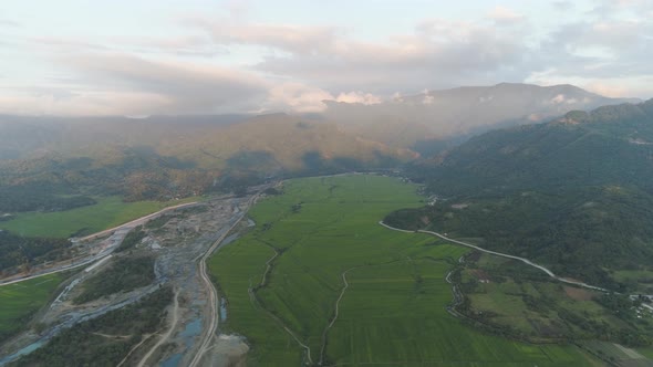 Tropical Landscape Mountain Valley with Villages and Farmlands