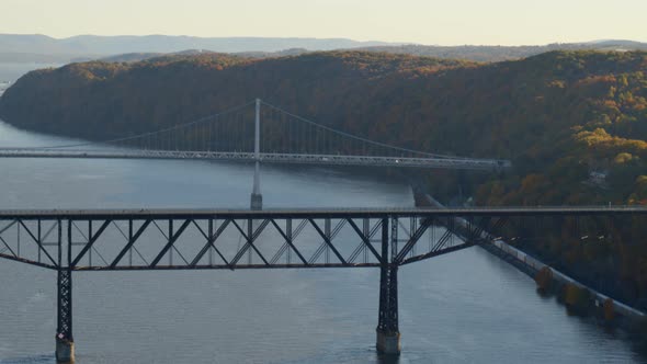 Aerial of walkway and Mid-Hudson Bridge over Hudson river