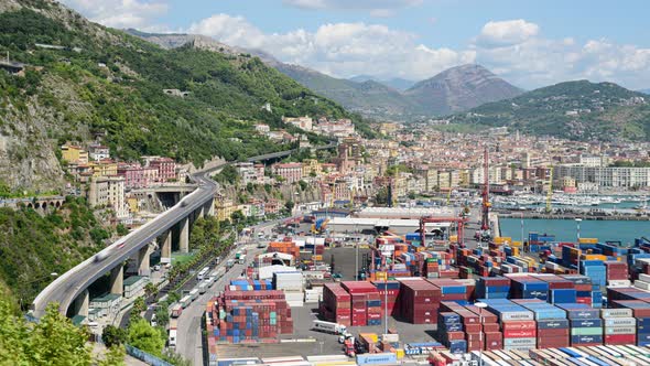 Panoramic view on the Salerno Port and the Container Terminal with the city on the background.