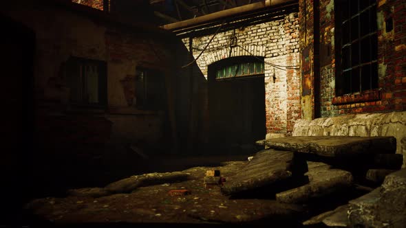 Abandoned Industrial Factory Buildings at Sunset