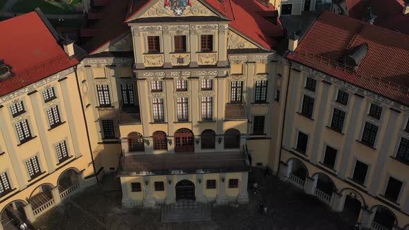 Flying Over the Nesvizh Castle, the Park Around the Castle and the Lake, Aerial Video of Nesvizh