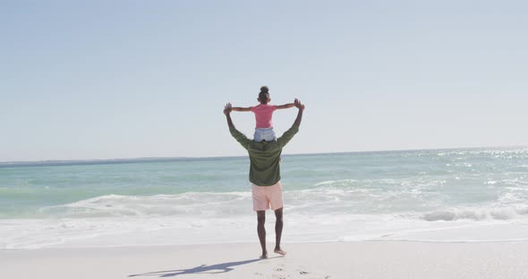 African american father carrying daughter with arms wide on sunny beach