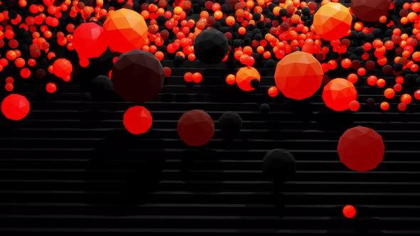 Spheres or Balls Fall Down on Steps Bounce Off Stair and Roll Down Light Up and Form Pattern