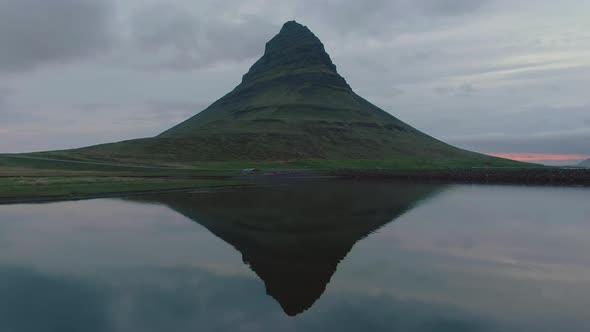 Kirkjufell Mountain and Reflection in Lake. Iceland. Aerial View