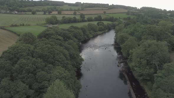 Aerial shot above a river following its path through the trees