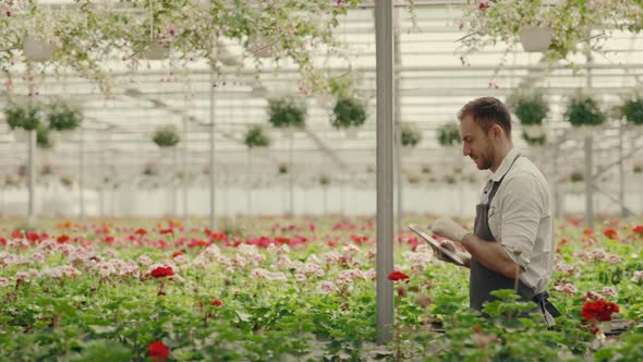 Side View of a Male Greenhouse Worker Walking in the Green House Holding and Taking Notes on Digital