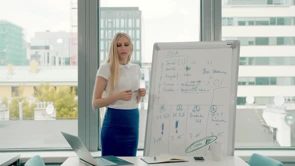 Business Woman Making Presentation on Whiteboard. Young Stylish Woman with Long Blond Hair Writing