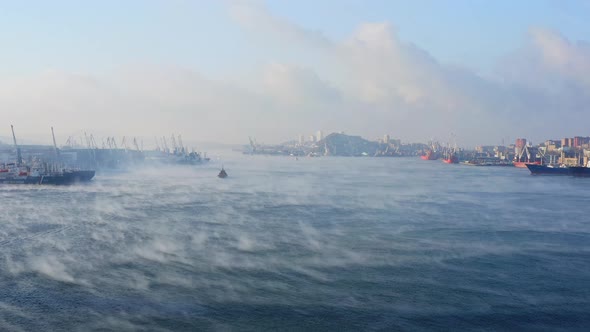 The Surface of the Sea in the Golden Horn Gulf Soars on a Very Cold Winter Day