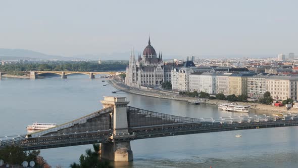 Panoramic View Chain Bridge and Parliament Building in Budapest By Danube River