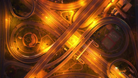 4K : Time lapse Aerial view and top view of traffic on city. Expressway with car lots