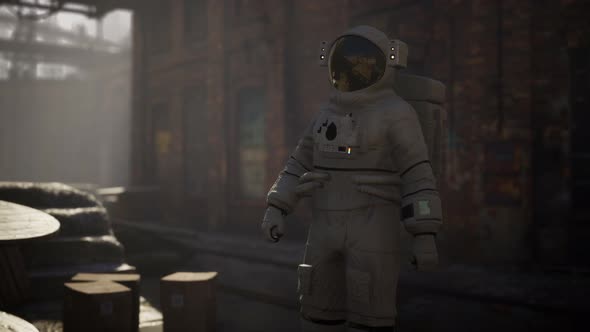 Lost Astronaut Near Abandoned Industrial Buildings of Old Factory alt