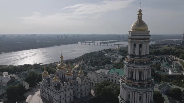 Kyiv Pechersk Lavra. Slow Motion. Aerial View, Flat, Gray