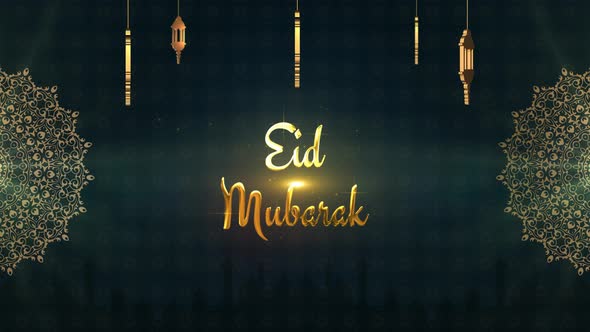 4k Eid Mubarak Background with beautiful 3d gold text revealing