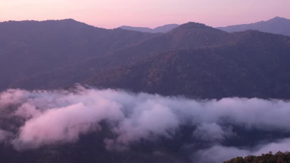 Landscape of greenery rainforest mountains and hills with the sea of fog