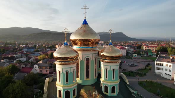 Christian Church at Sunset Aerial View Temple in the Transcarpathia Ukraine