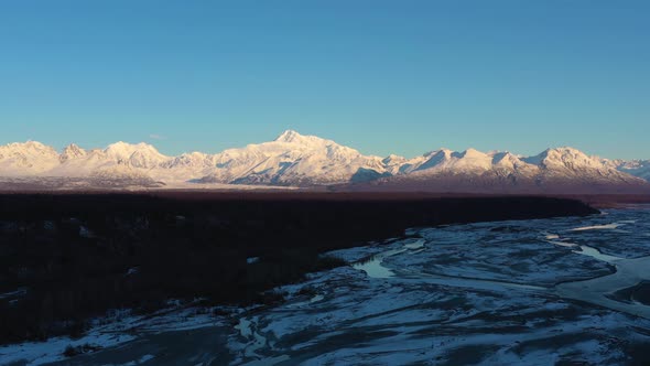 Mount Denali and Chulitna River in Winter at Sunrise