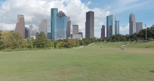 Low angle drone view of downtown Houston skyline.  This video was filmed in 6k and downscaled to 4k