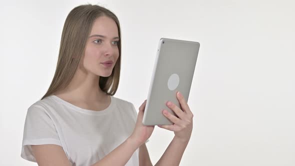 Young Woman Using Tablet, White Background