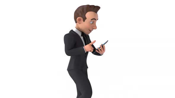 Fun 3D cartoon business man walking with a phone