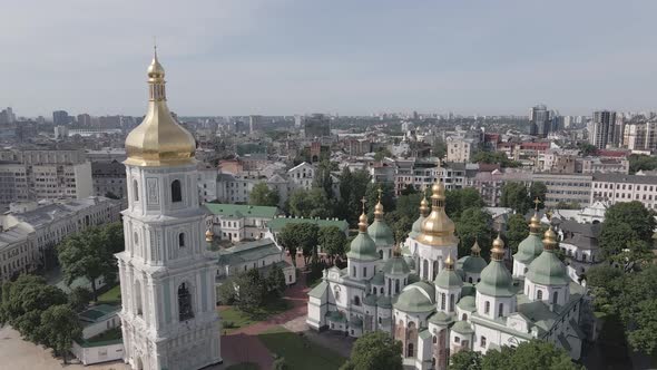 Kyiv. Ukraine: Saint Sophia's Cathedral in Kyiv. Aerial View, Slow Motion, Flat, Gray