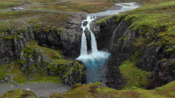 Iceland Waterfall Nature Travel Landscape in Icelandic Nature Background, Top View