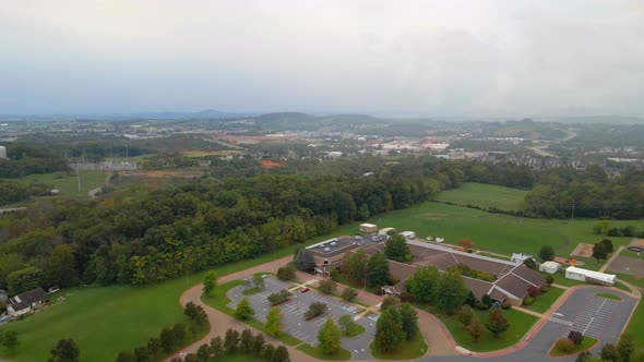 An aerial Drone shot over a cloudy summer day in Virginia