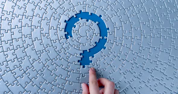 Grey Puzzles Isolated On Blue Background. Social Issue Concept