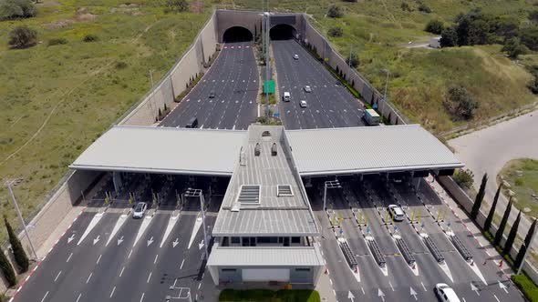 Toll collection stop - Top down aerial footage.
