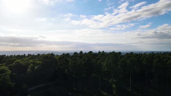 Green forest and valley in background on sunny day. Aerial backward ascendent