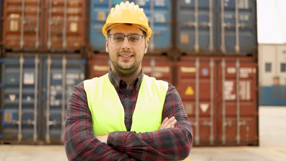 Engineer Male Industrial Worker Man Smiling at Camera at Shipping Freight Terminal Port