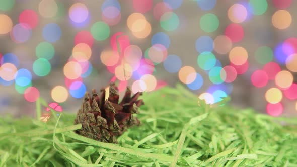 Christmas Pine Cone on Green Tinsel New Year Background