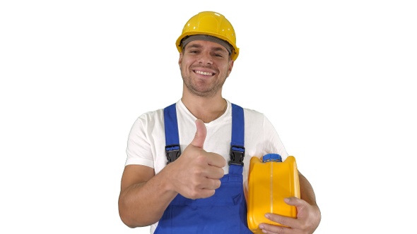 A real worker giving a thumbs up holding canister and smiling