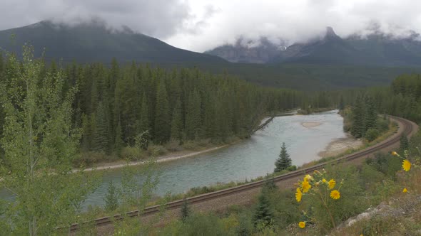 Pan right of a landscape in Banff National Park