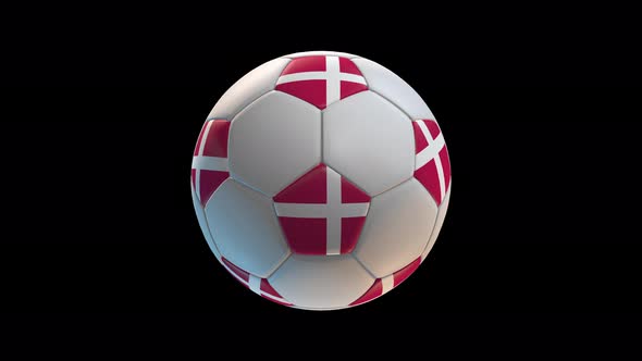 Soccer ball with flag Denmark, on black background loop alpha alt