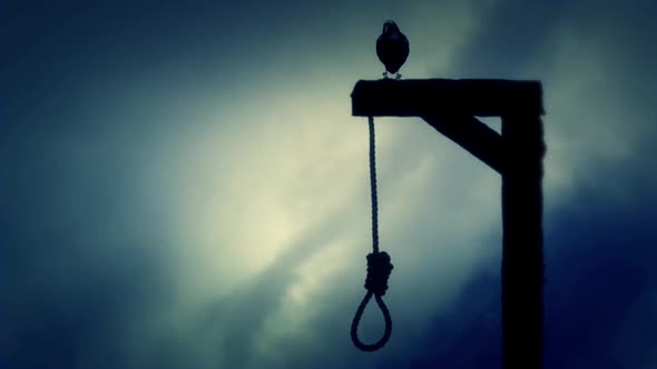Raven Standing On A Gallows With A Swinging Noose On A Cloudy Day