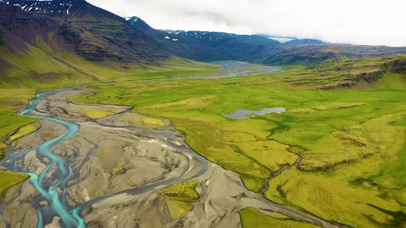 Flying Above Lakes and Mountains in Thingvellir National Park Iceland