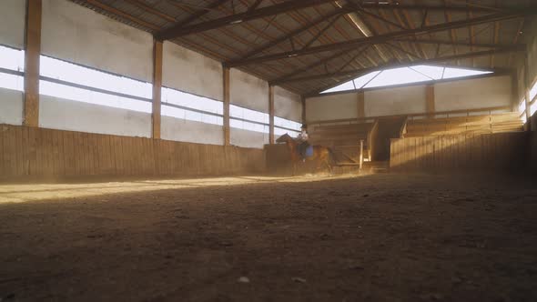 Young Woman Rider Trains Riding a Horse in a Covered Hangar Girl Rides a Horse Beautiful Light and