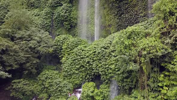 Waterfall water curtain overgrown green walls.Daring aerial view flight rising up drone footageWat