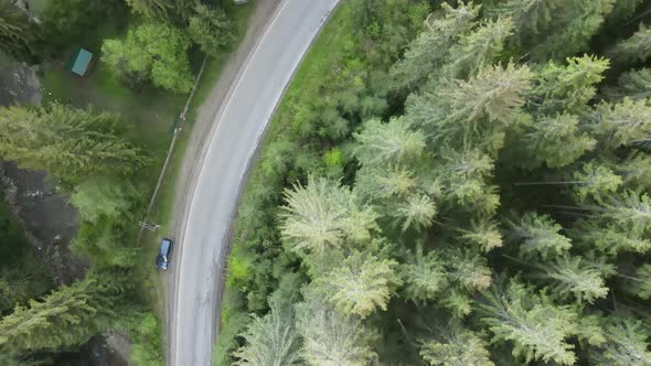 Ukraine, Carpathian Mountains: Road in the Mountains. Aerial, Gray, Flat