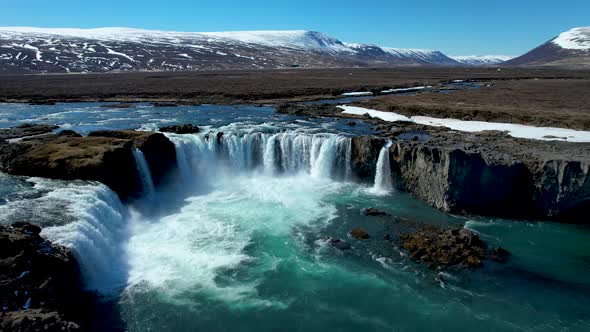 Godafoss Waterfall Fly over on Northern Iceland Ring Road