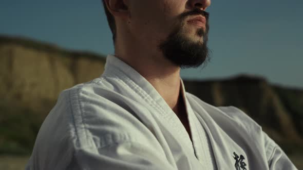 Judo Fighter Warming Up Hands Training Outdoor Close Up