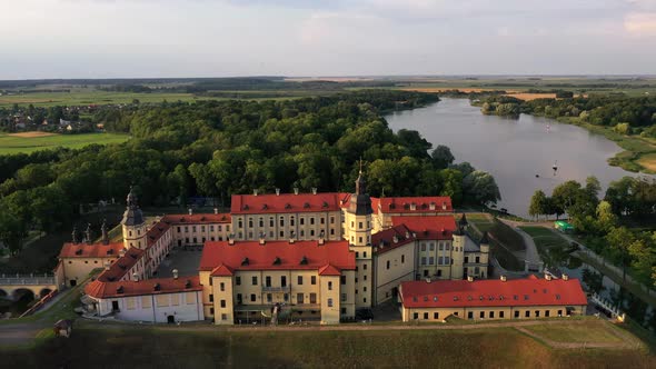 Flying Over the Nesvizh Castle, the Park Around the Castle and the Lake, Aerial Video of Nesvizh