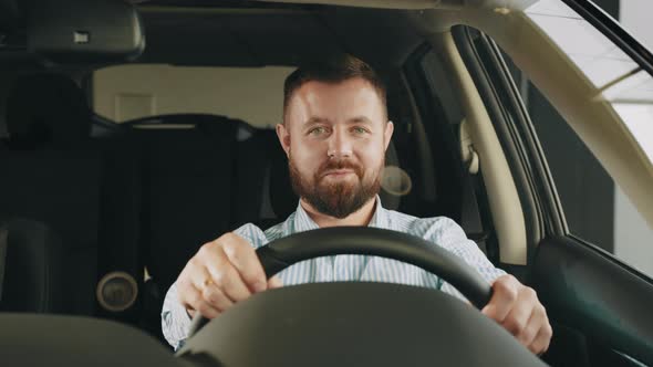 Portrait Happy Smiling Young Man Buyer Sitting in His New Car Excited Ready for