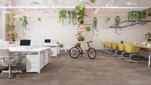 Interior Of An Eco Friendly Office Space With Houseplants, Bicycle And Push Scooter.