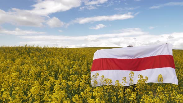 Woman with Belarus flag in yellow rapeseed field