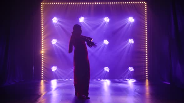 Silhouette a Young Girl Dancer in a Red Sari. Indian Folk Dance. Shot in a Dark Studio with Smoke